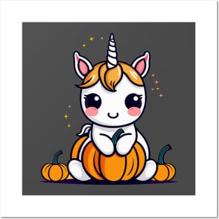 Unicorn with halloween pumpkin Posters and Art